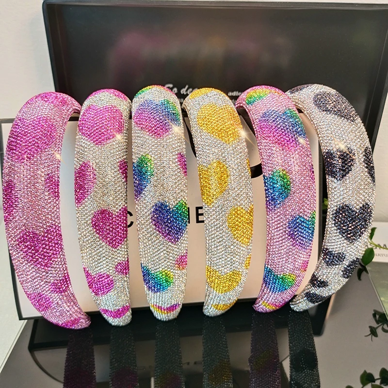 Shenglan Sponge Sparkling Colorful Rhinestone Headband Padded Heart Headbands Wedding Bridal Headbands