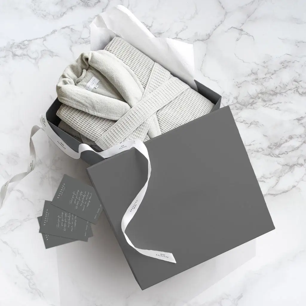 Grey Luxury Ivory Board Slide Deep Gift Boxes with Hot Foil Stamping Logo for Bathrobes and Pajamas Beach Cover Ups