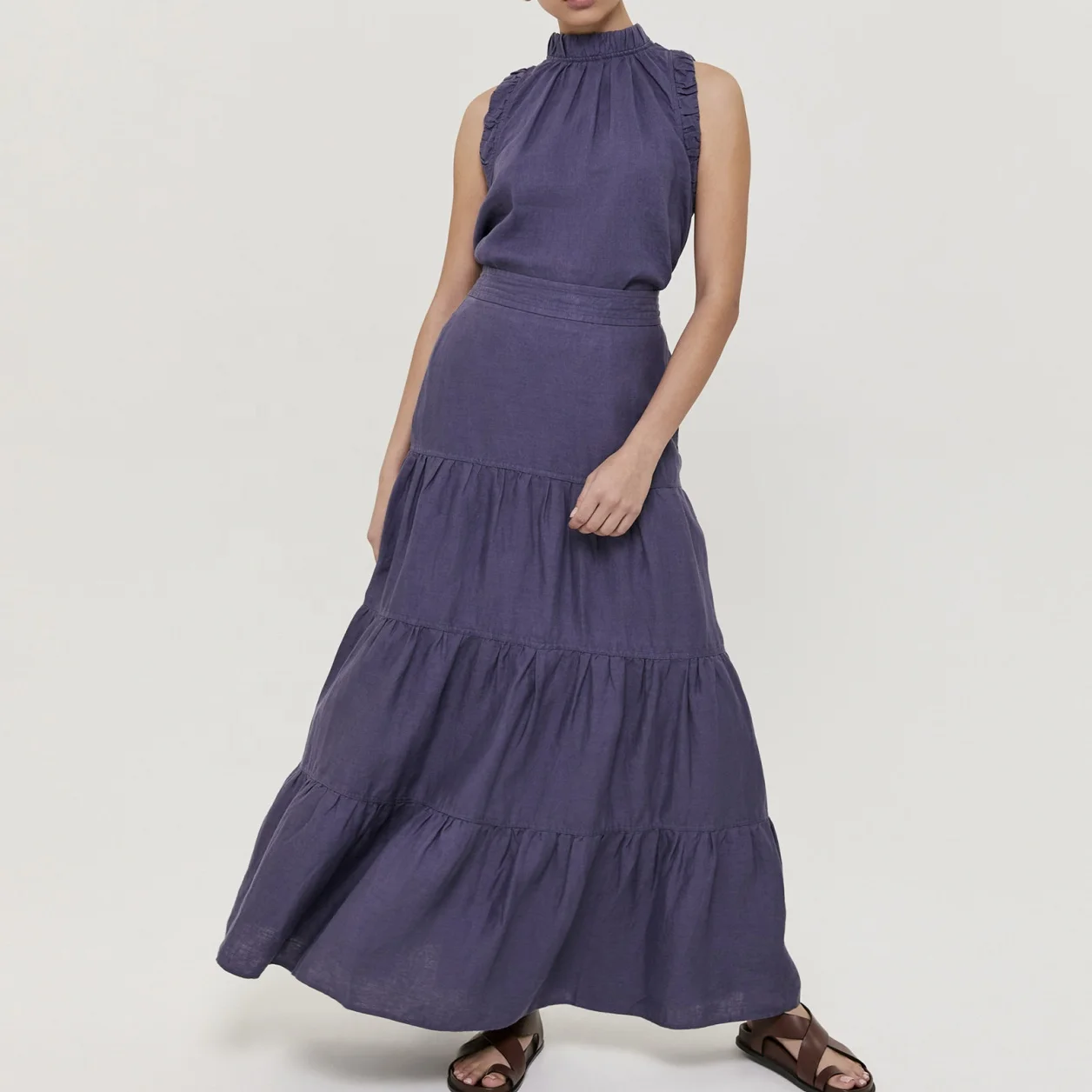 Custom High Waist Linen Ruffle Skirts A-Line Red Maxi Long Skirt For Women