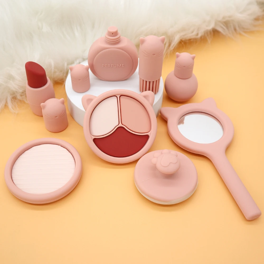 Custom Unique Pretend Play Silicone Pink Mirror Lipstick Eye Shadow Perfume Girls Makeup Toy Set
