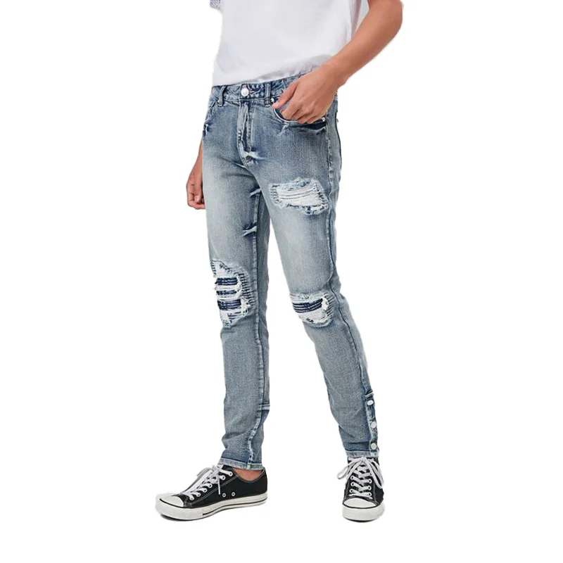 
OEM Custom Wholesale Men Blue Ripped Jeans With Button Length Adjustment 