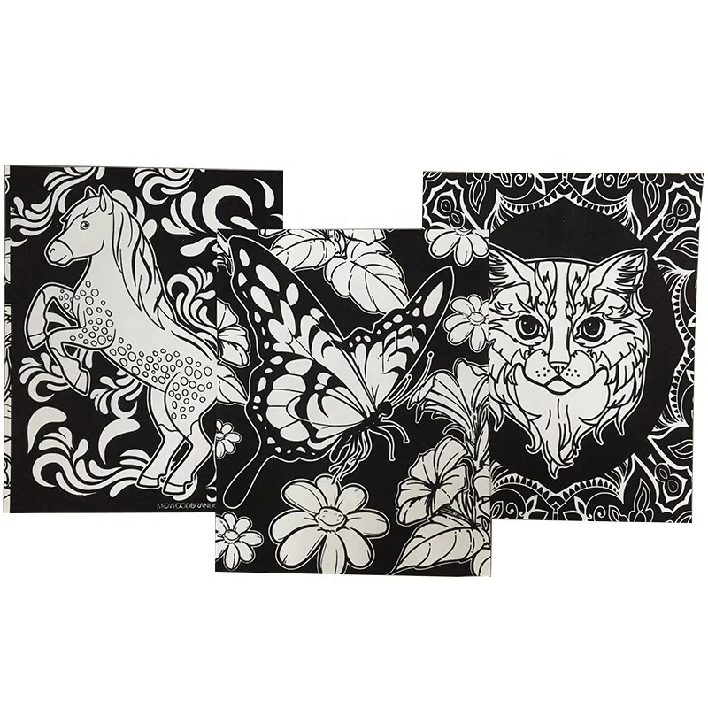 Guangzhou Factory High Quality Custom Coloring Book Printing Black Velvet Coloring Poster with 5 Coloring Pen For Kids