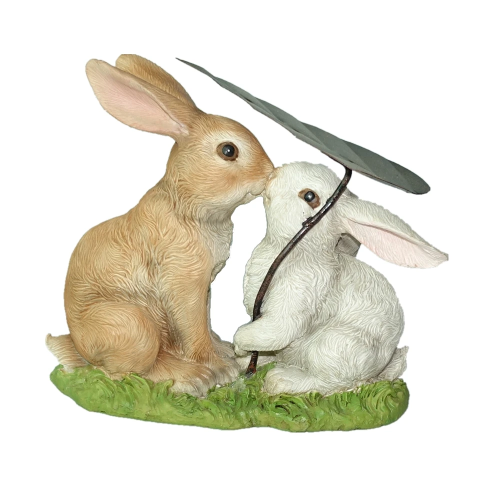 Spring Decoration Resin Garden Rabbit Statue with a Flower Resin Rabbit Figurine Bunny Figurine