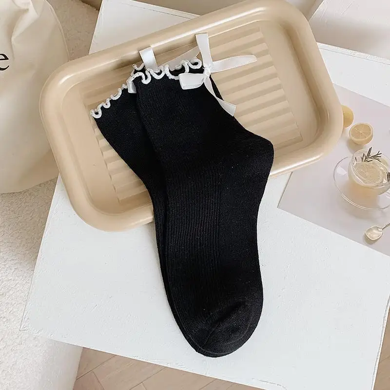 Hot Selling Lovely Stylish Ruffle Soft Cotton Girl Women Crew Socks With Bow