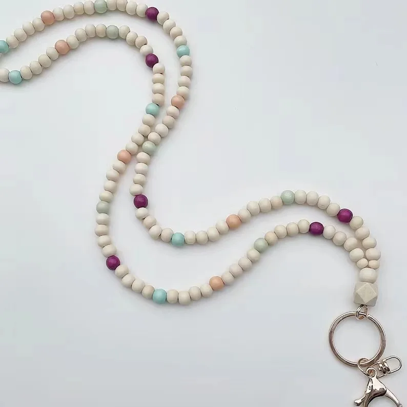 Hot Selling Boho Wood Beaded Lanyard Keychain Trendy Colorful Wooden Beaded ID Necklace Badge Lanyard For Teacher Gift