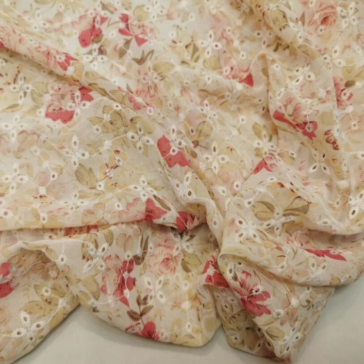 textile factory price 3D floral chiffon embroidered large print fabric embroidery for lady fashion dress