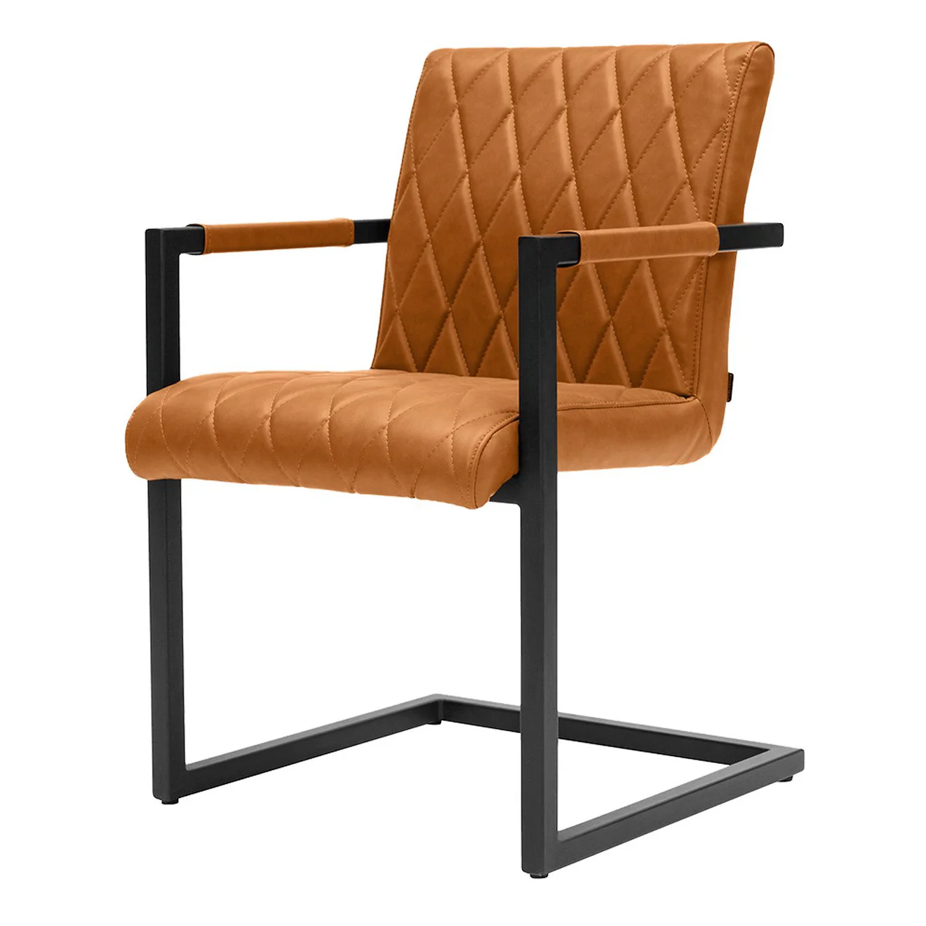 Industrial modern armrest cognac faux leather cantilever dining chair with metal base