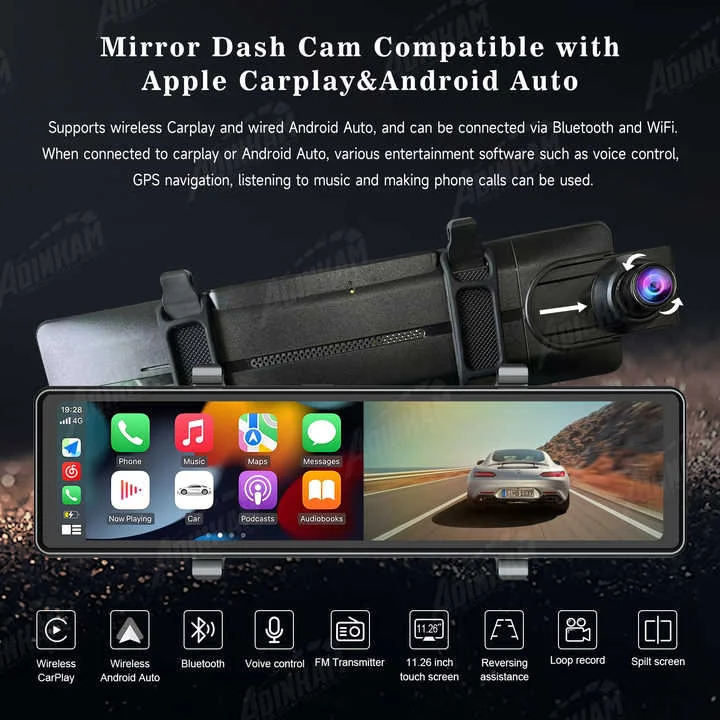 ADINKAM 11.26 inch Front Rear and Inside Camera Mirror Car DVR Camera With 3 Lens Video Recorder Driver Review Mirror Dash Cam
