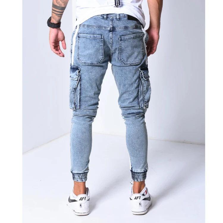 
Custom Striped Men Jeans Vintage Blue Denim joggers Men Cargo Pockets Tape Jeans for Men 