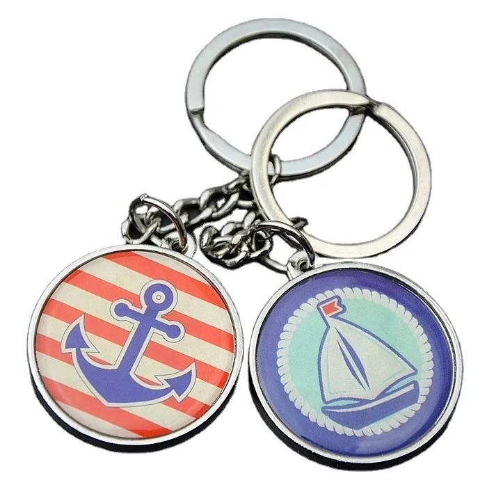 Custom metal circle key chain anchor epoxy round keyring boat