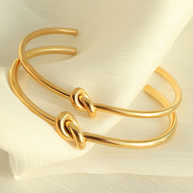 Minimalist 18K Gold Plated Stainless Steel Cuff Bangle Bracelet Handmade Love Knot Bangles Jewelry Women Tarnish Free