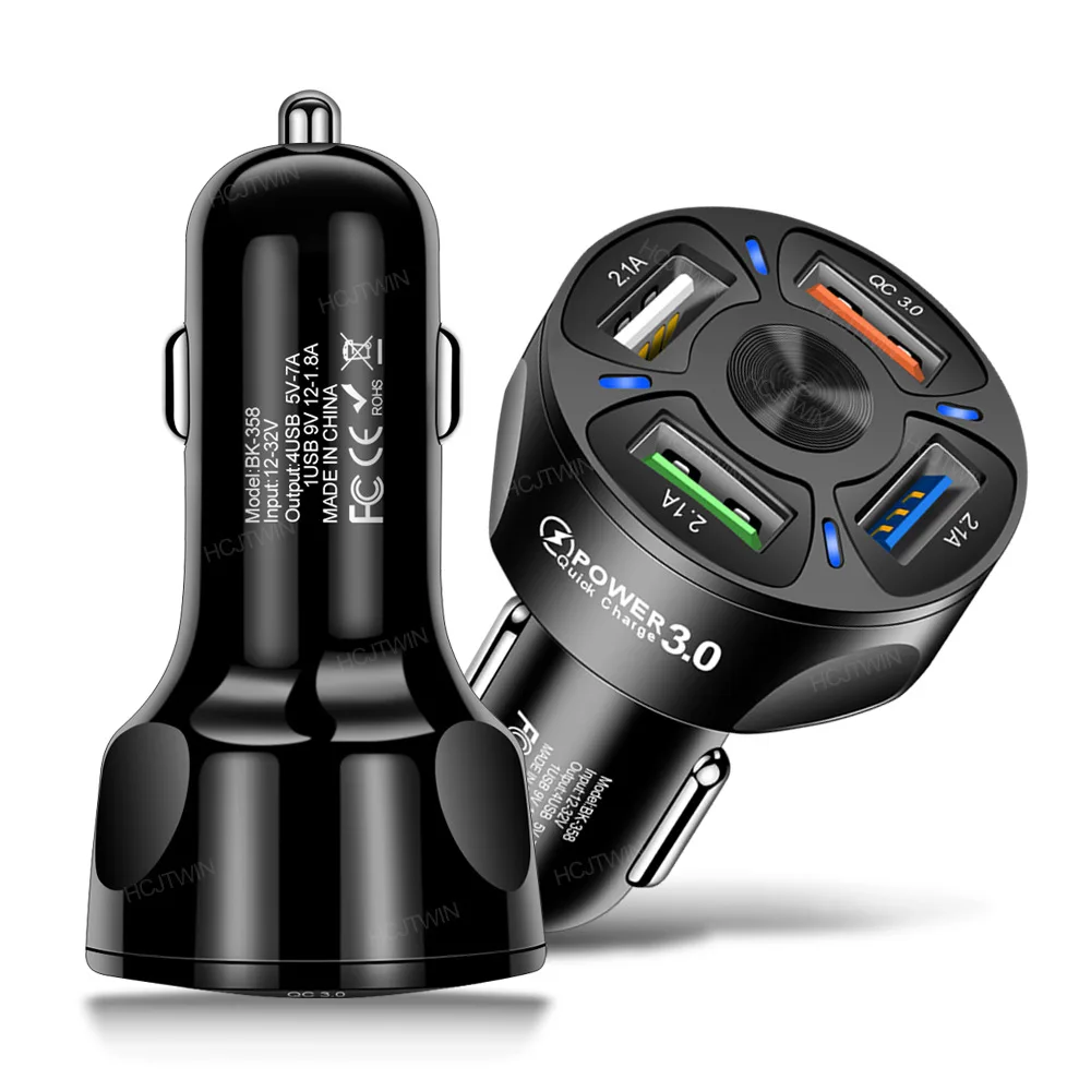 Quick Charge 3.0 4 Port Car Charger with LED, QC3.0 Car Charging Adaptor, Fast Charge Cigarette Lighter USB Charger