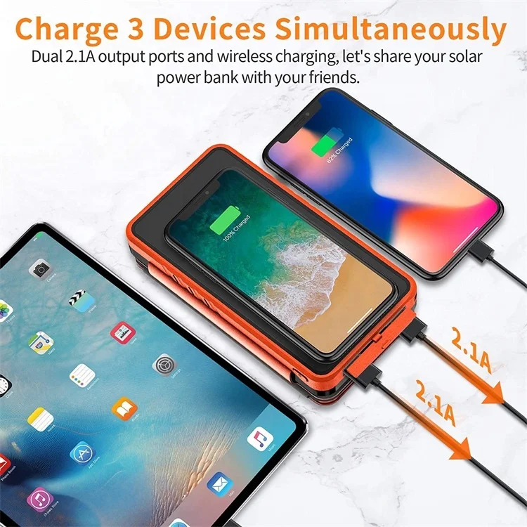 Солнечное зарядное устройство с двумя портами USB Power Bank 20000 мАч водонепроницаемый аккумулятор Внешняя портативная солнечная панель со светодиодной