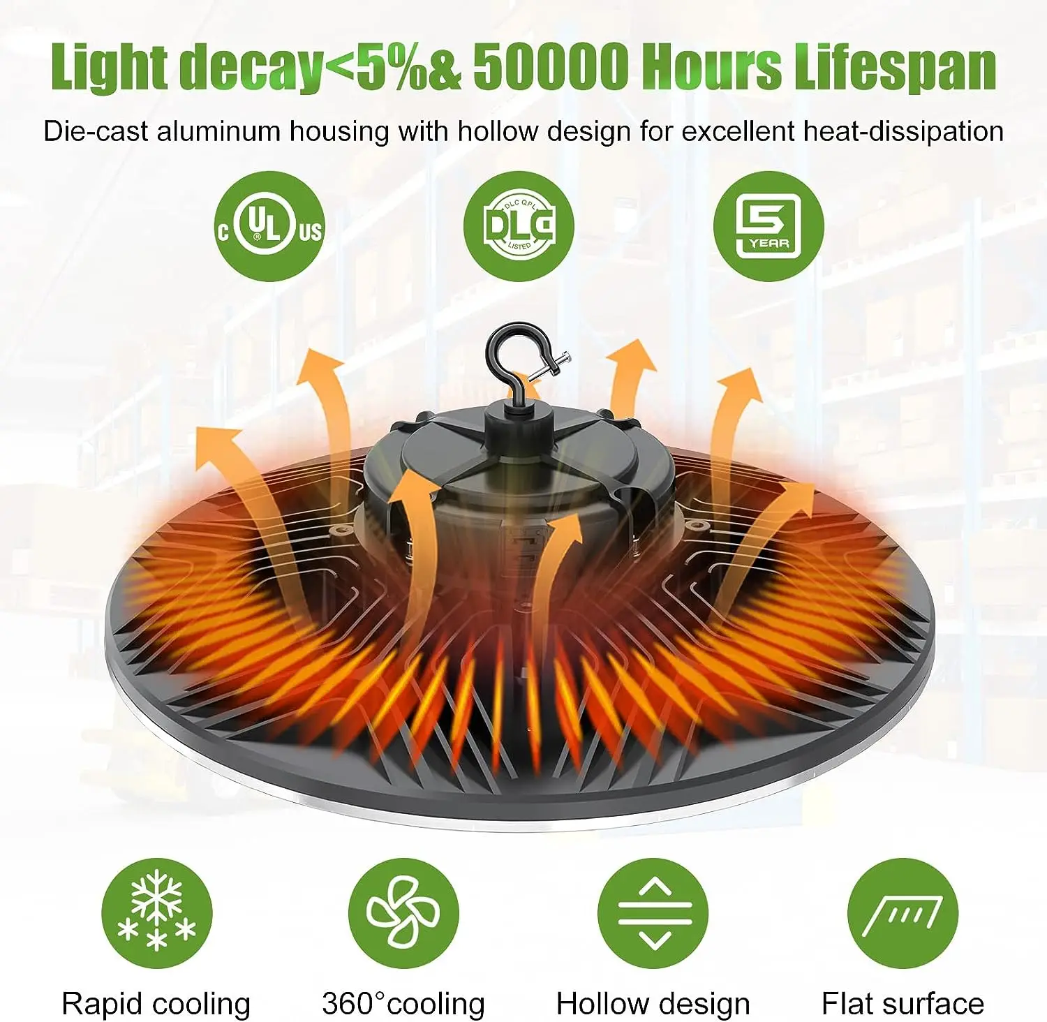 led light fixture industrial 3Power 200-480V 50 60Hz 170lm/w Die Cast Aluminum 50000hrs 100W LED UFO High Bay Light