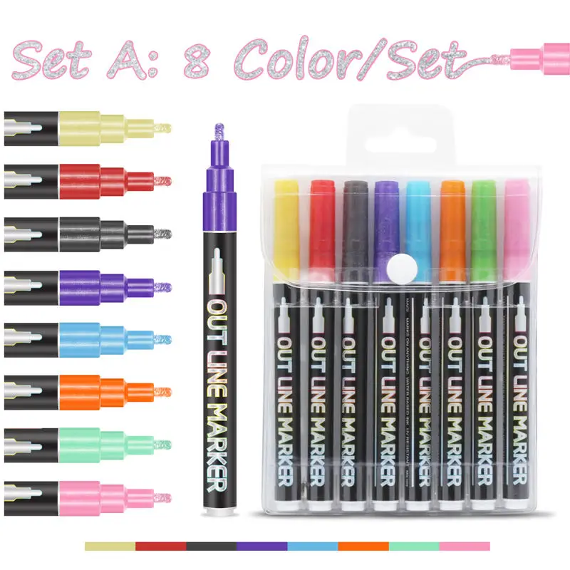 2024 New Design Custom 8 12 Colors Circular double Outline Metallic Markers Magi Pens Supersquiggles Markers Set
