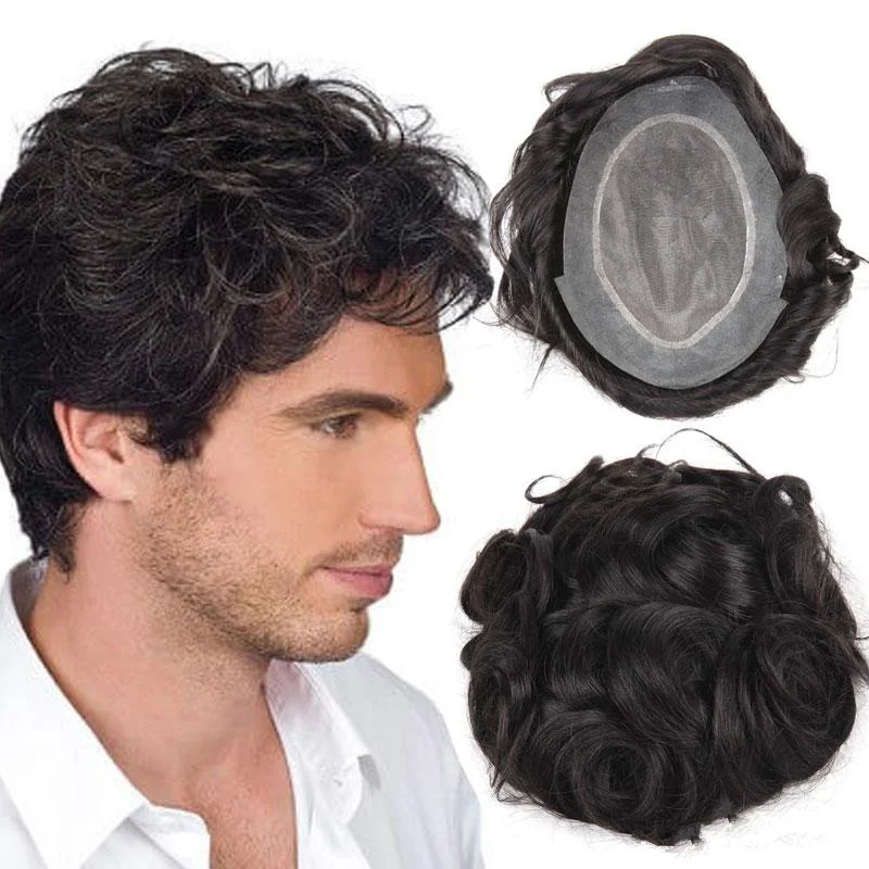 Самые дешевые индийские кудрявые волосы remy Натуральные Черные Кудрявые Волнистые тонкие перманентные моно + полиуретановые сменные мужские