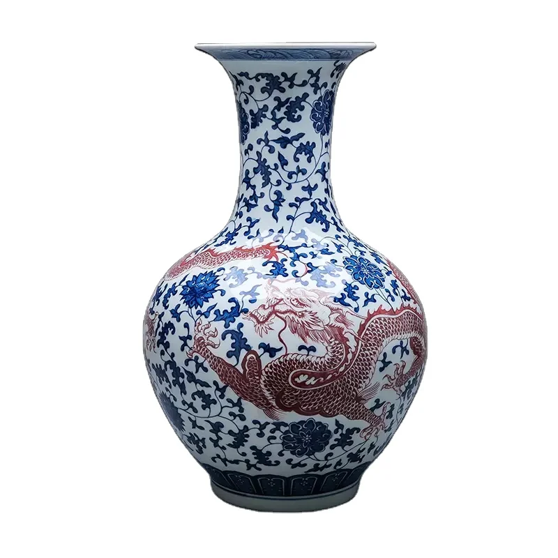 Chinese Blue and White Underglazed Red Antique Ceramic Dragon Flower Vase for Home Decor