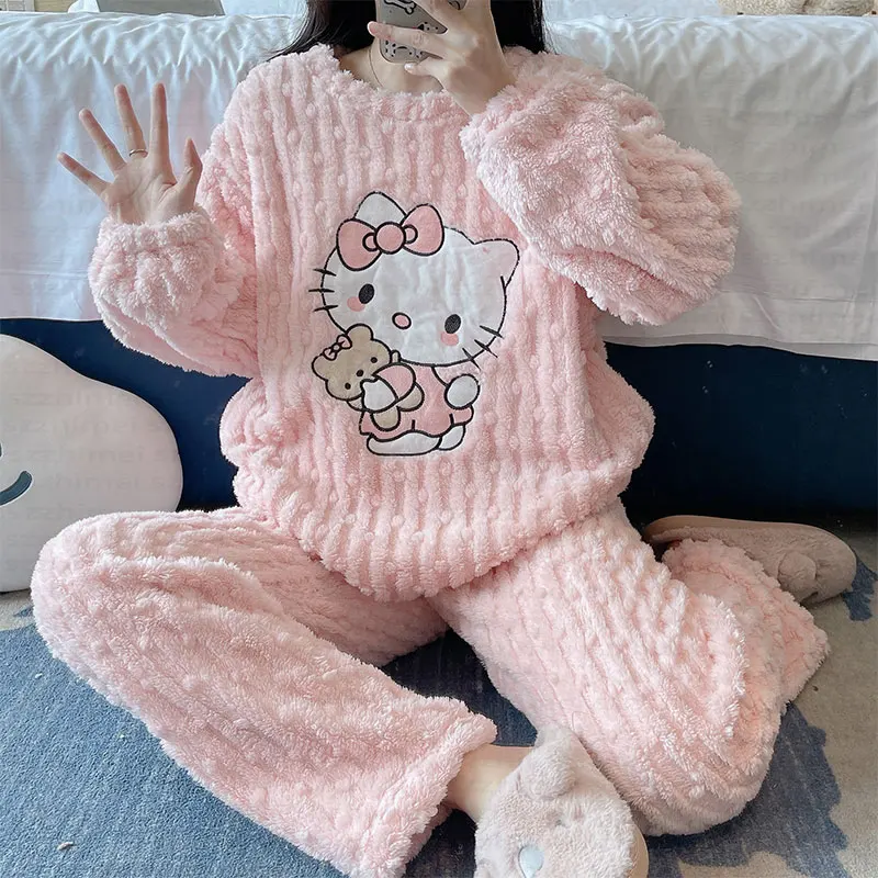 Cheap Wholesale New Cartoon Helloed Cat Pajamas Flannel Winter Warm Plush Kitties Pyjamas Sets for Female Women Girls