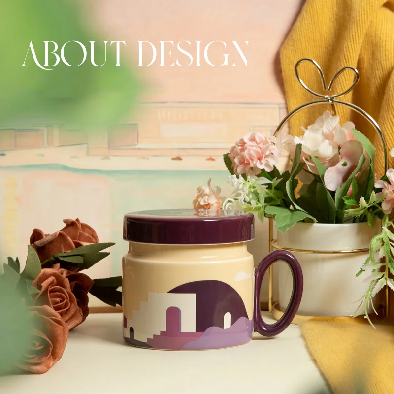 Oasis Series Korean Style Ceramic Coffee Cup with Lid Dustproof for Breakfast Milk High Aesthetic Office Mug