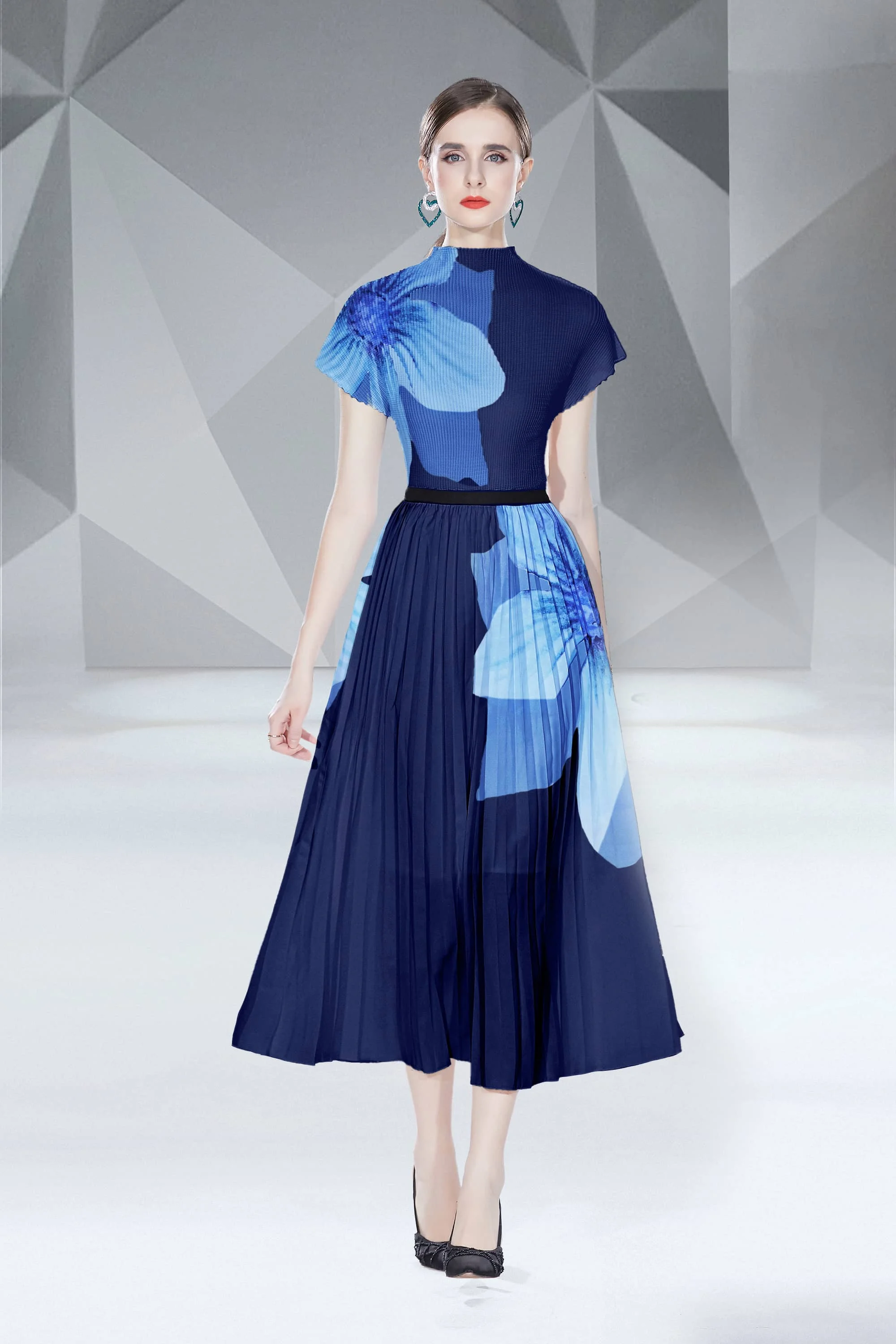 Clothing Customization New Fashion Printing Temperament 100 Pleated Waist Fold Dress Chinese Manufacturer