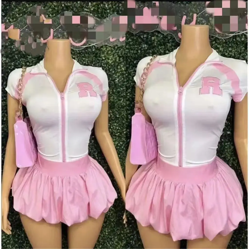 ZHEZHE 2024 New Fashion Casual Two Piece Sets Summer Letter Zip Up T Shirt With Bubble Skirt Ladies  Skirt Puffer Women Outfits