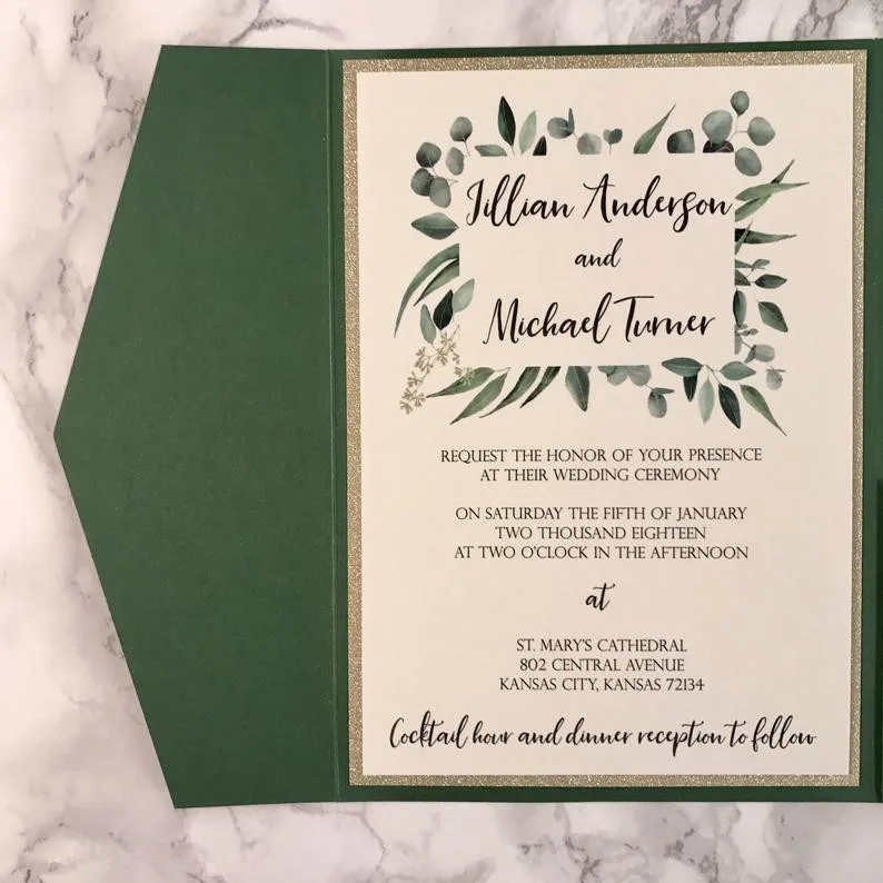Eucalyptus and Forest Green Pocket Wedding Invitations