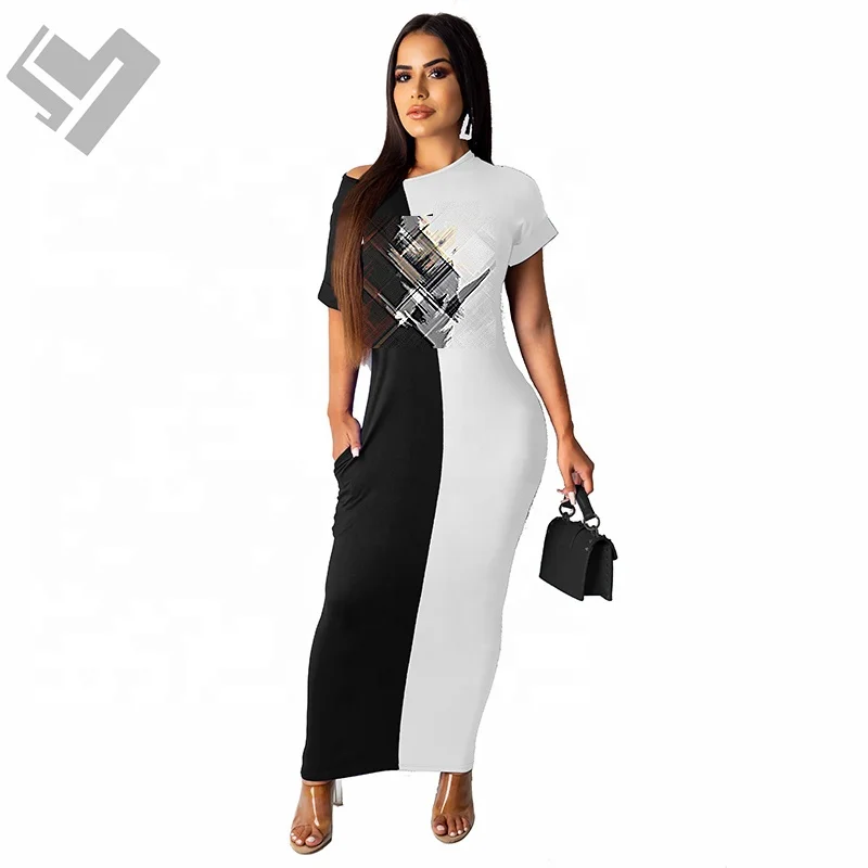 2023 Summer Trendy Women Clothing Designer Print Short Sleeve Casual Dress Luxury Slim Fits Bodycon Maxi Dress