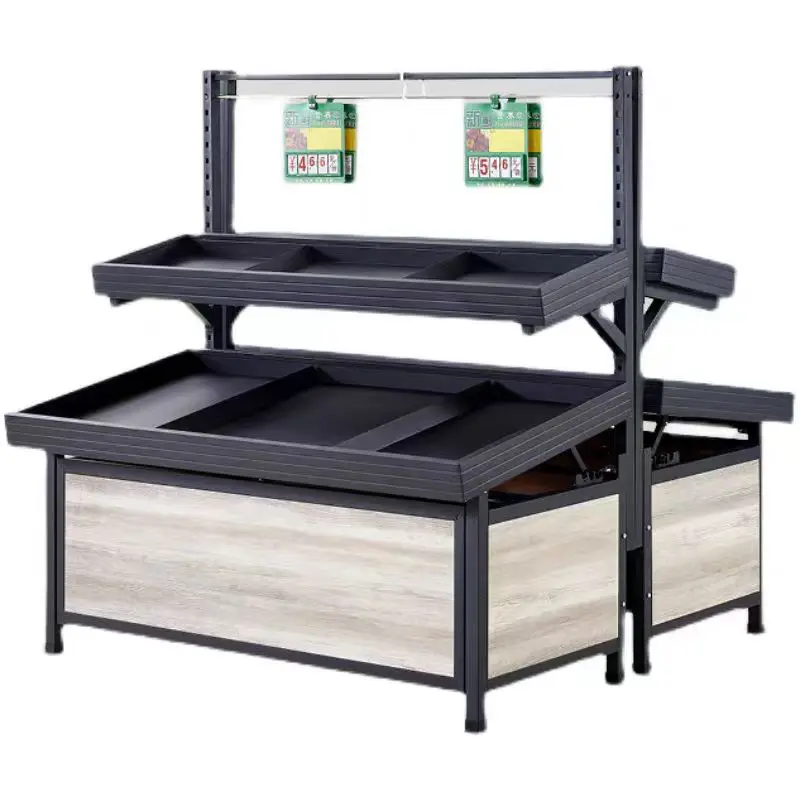 Wooden color fruit vegetable display rack for supermarket