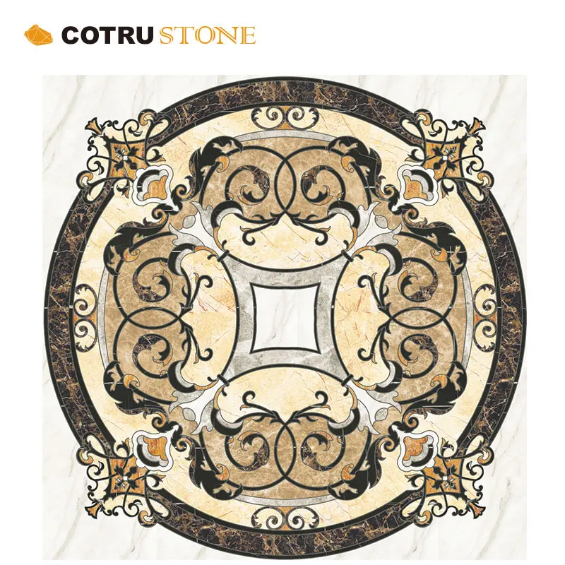 Natural Stone Beige Marble Round Waterjet Special Marble Inlay Flooring Flower Design Curved Marble Medallion Floor Tile Designs