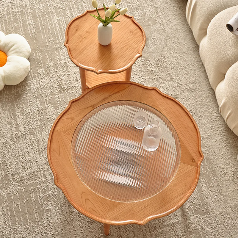 Dreamhause Japanese-style Creative Living Room Wood Glass Coffee Table Homestay Apartment Flower Round Low High Tea Table Set