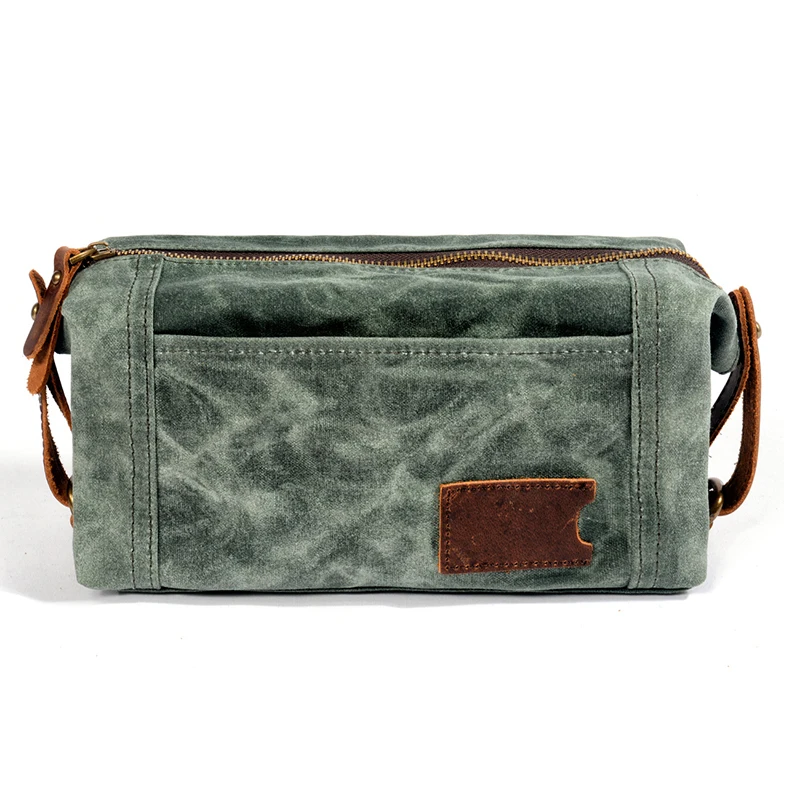 Waterproof Waxed Canvas Shaving Bag Mens Travel Toiletry Bag Custom Logo with Leather Handle