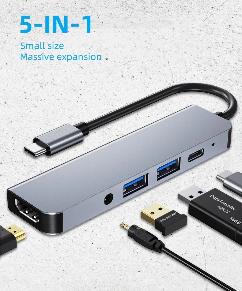 Multi Port 5 In 1 Usb Hub Stand Dual 4k HD Charging Docking 3.0 Port Converter Adapter Type Usb C Hub