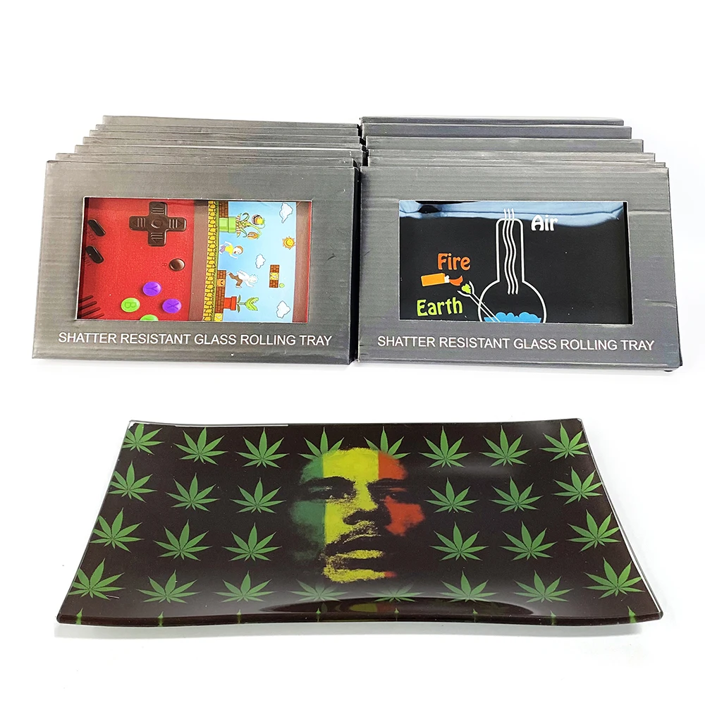 255*155mm Rectangle Glass Tray Custom Pattern Premium Shatter Resistant Glass Rolling Tray