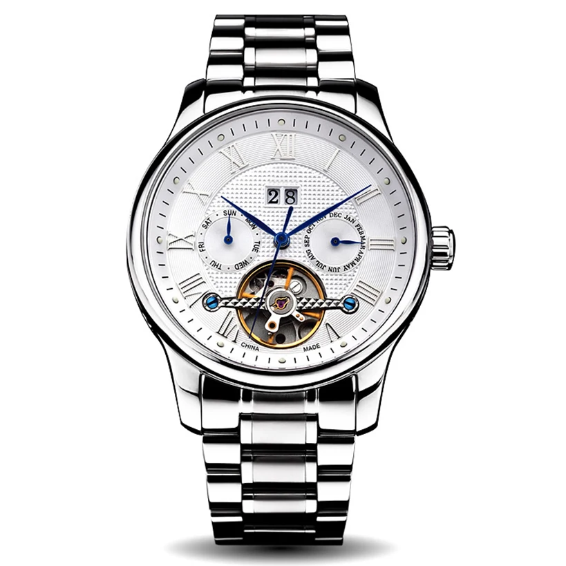 Мужские водонепроницаемые автоматические механические часы с календарём и корпусом из нержавеющей стали