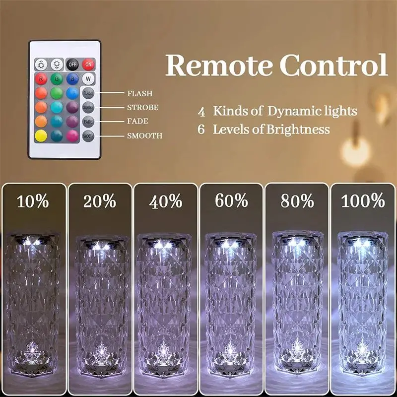 LED Crystal Table Lamp Rose Light Projector 16 Colors Touch Night Light Romantic Atmosphere Light USB Home Bar Decor