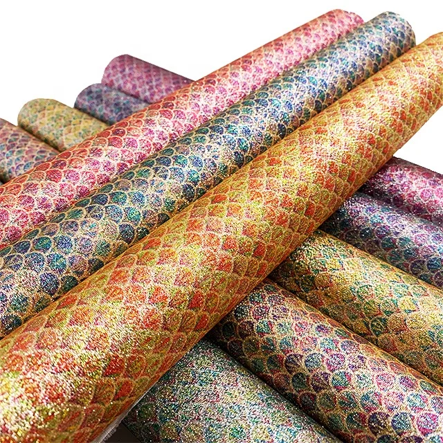 Southeast Asia Style Fish Scale Printed Glitter Fabric for Bows , Bags And Shoes