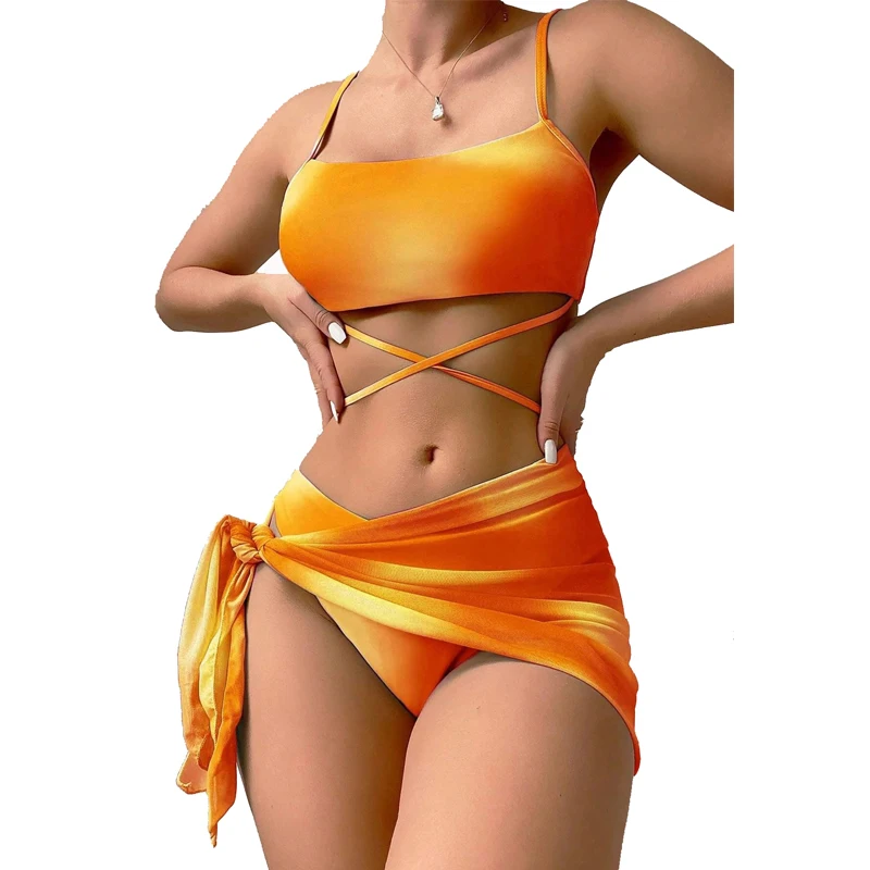 New Style Ladies Tie Dye Bikini Beachwear For Women Three Piece Set Mesh Skirt Swimsuit