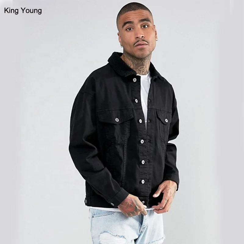 KY Men Jackets and Coats 2023 Clean Borg point  Collar Button Denim Jacket Placket Contrast Jeans Jacket for Men Black