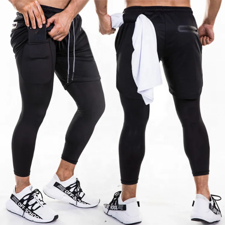 Hidden Pocket Quick Dry Breathable Fitness Pants Towel Loop Double Layer Lined Elastic Gym Pants Men for Training Sport Running