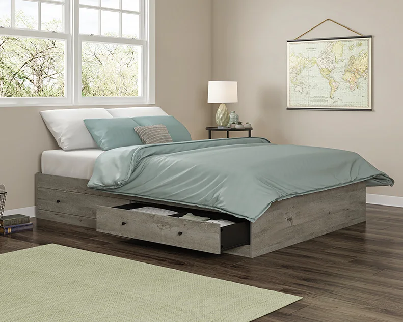 Scandinavian Style Factory Wholesale Wooden Queen Platform Bed with 2 Under Storage Drawers for Bedroom