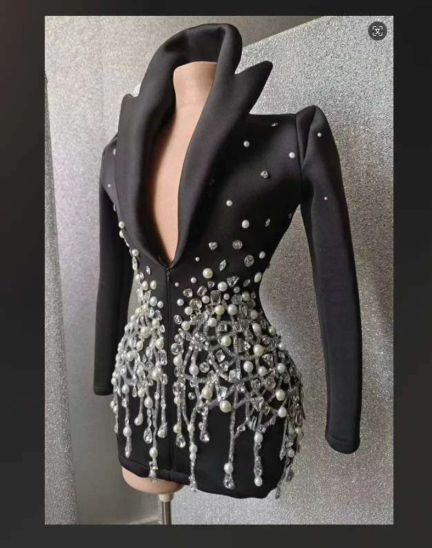 Manufacturers Custom Deep V Neck Women Jacket Coat Bling Rhinestone Pearl Blazer Concert Performance Costume Dress Coat 2024