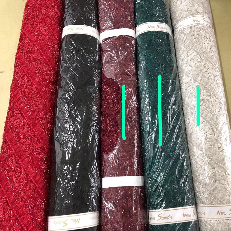 Handmade Luxury Red Beaded Handmade Embroidery Dress Dubai Lace Fabric Embroidery Lace Fabric Beads