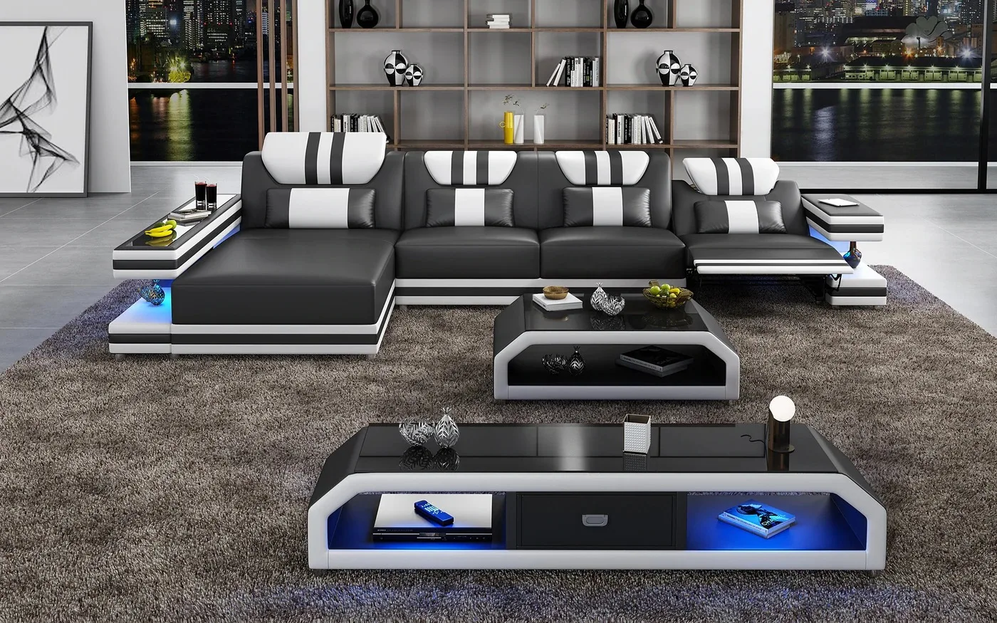modern leather sectional sofa set furniture sofa living room furniture with led light