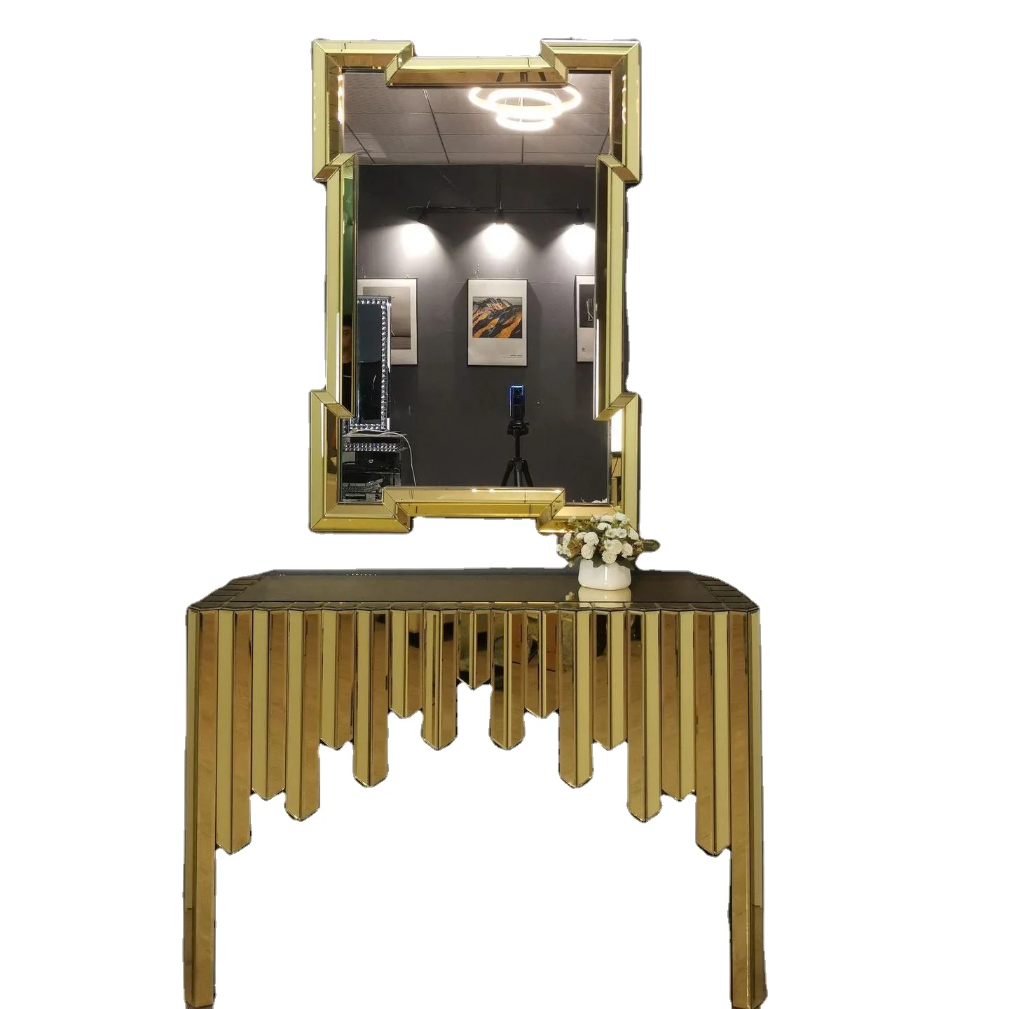 Top Selling Foshan Factory 2021 Luxury Mirrored Silver Crushed Diamond Console Table With Mirror Hallway Set