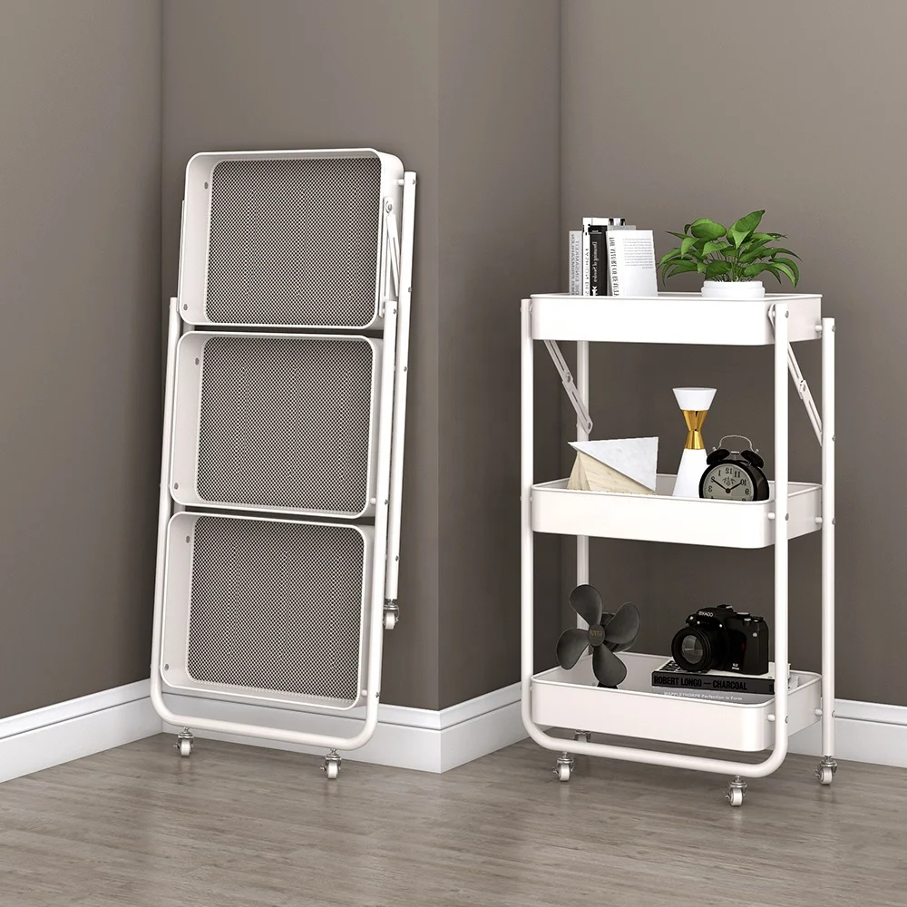 Modern Metal Folding Storage Kitchen Rack Storage Foldable Kitchen Trolley With Wheels