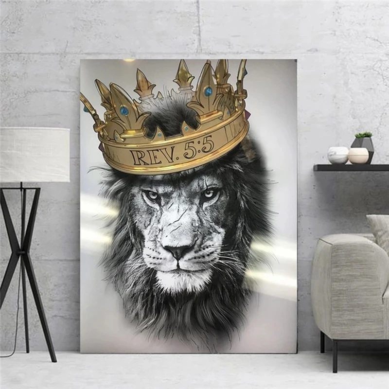 Lion with Crown Animal Poster Canvas Painting Poster and Print Modern Wall Art for Living Room Decoration Cuadros