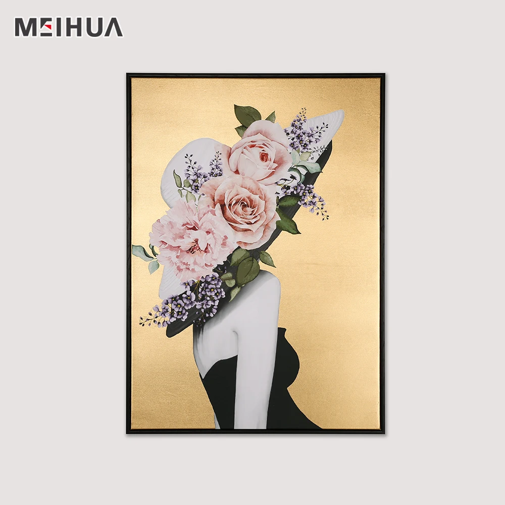 Decoration Pink Flower Hat floating  frames wholesale custom picture art with Gold Foiling Background