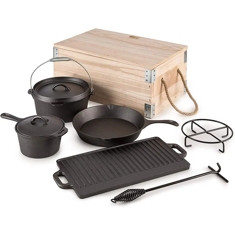 7 Pieces Dutch Oven Camping Cooking Set Dutch Cast Iron Cookware Set For Outdoor BBQ