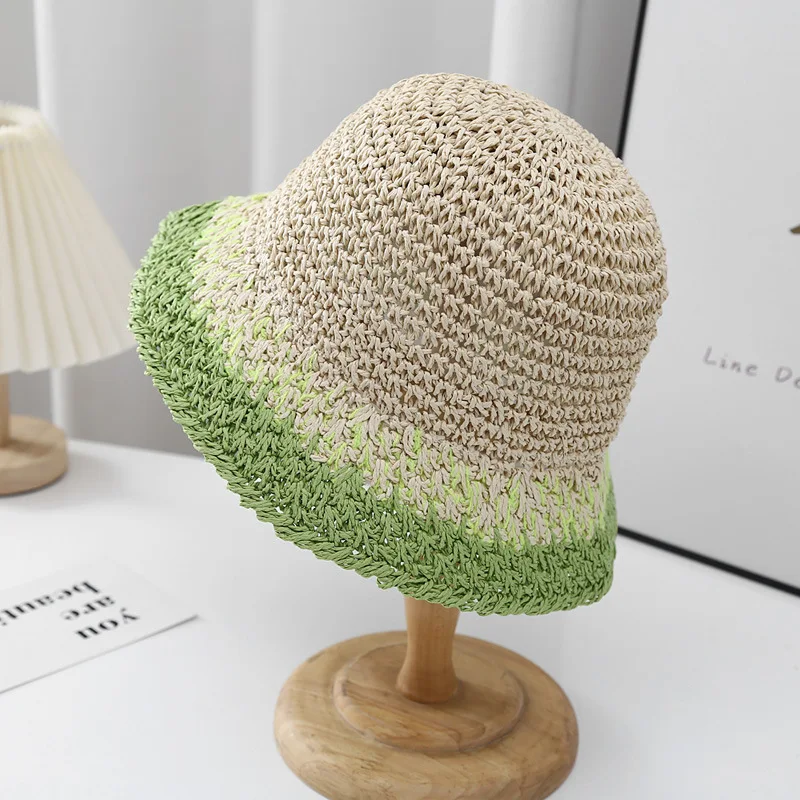 2024 Summer Beach Wide Brim With Lack Floppy Paper Straw Bucket Hat For Woman
