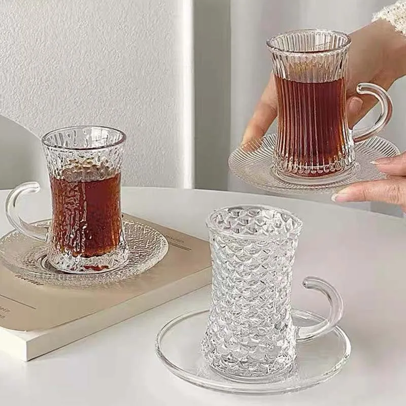 Wholesale Cheap Custom Logo Layer Ribbed Aesthetic Juice Bubble Tea Espresso Water Cup Glass Ware Cup with Handle